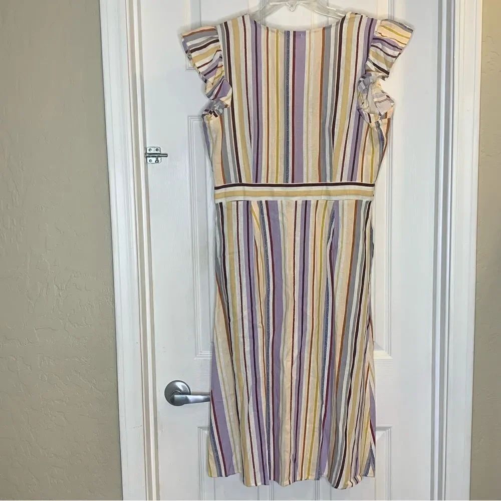 Evolutionary Linen Dress Striped Ruffle Size Large - Picture 9 of 10